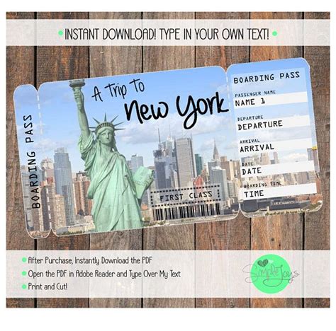 Printable Ticket To New York Boarding Pass Surprise Vacation Trip Ticket Digital File You Fill