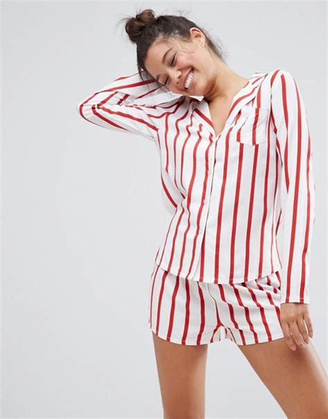 Asos Asos Red Stripe Shirt And Short Pyjama Set