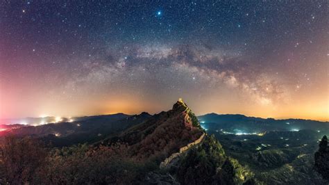 Great Wall Of China Night Sky Stars Landscape Mountains Milky Way