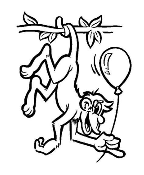 The monkey is hanging from a jungle tree holding a banana in each hand. a-monkey-hanging-on-a-tree-and-play-a-balloon-coloring ...