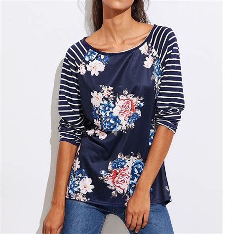 Ladies Floral Printed Shirts For Women Crewneck Long Sleeve Striped