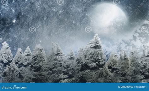 Snow Covered Pine Trees With A Full Moon In The Sky And Snow Falling