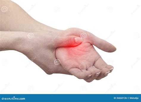 Acute Pain In A Man Palm Female Holding Hand To Spot Of Palm Ac Stock