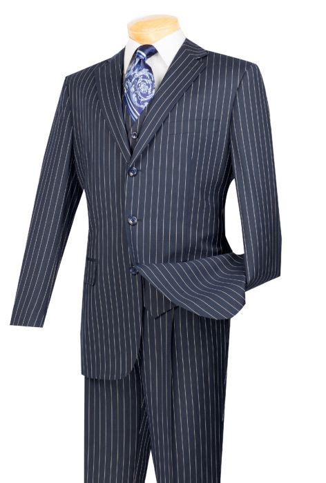 Vinci Mens 3 Piece Executive Suit Banker Stripe Banker Stripes