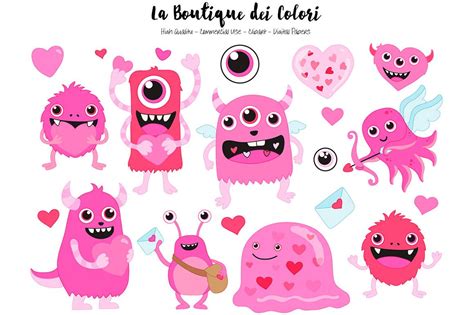 Pink Valentines Day Monsters Clipart Masterbundles
