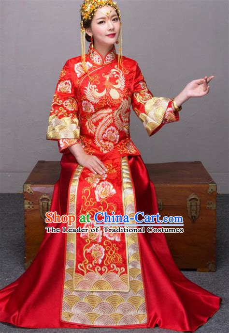 Traditional Chinese Wedding Costumes Embroidered Peony Red Full Dress