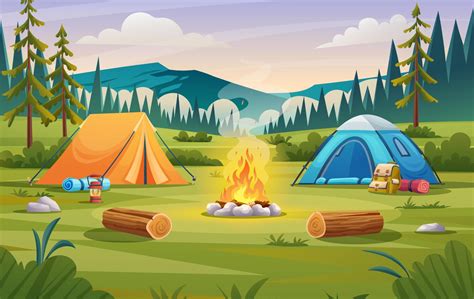 paisaje de campamento natural con tiendas de campaña fogatas mochilas