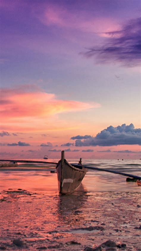 Pink Sunset And Boat The Iphone Wallpapers