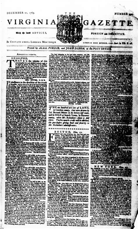 Virginia Gazette Purdie And Dixon Dec 21 1769 Pg 1 The Colonial Williamsburg Official