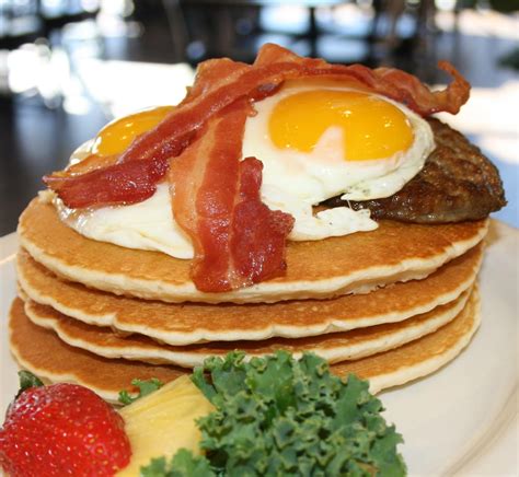 Pancake Breakfast Tower Stack Of Pancakes Two Bacon Strips Two