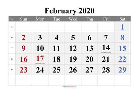 February 2020 Printable Calendar With Holidays