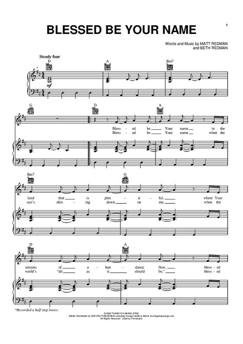 Blessed Be Your Name Sheet Music By Matt Redman Tree63 For Piano