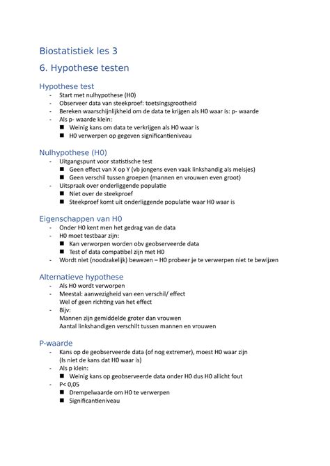 Biostatistiek Les Samenvatting Biostatistiek Les Hypothese