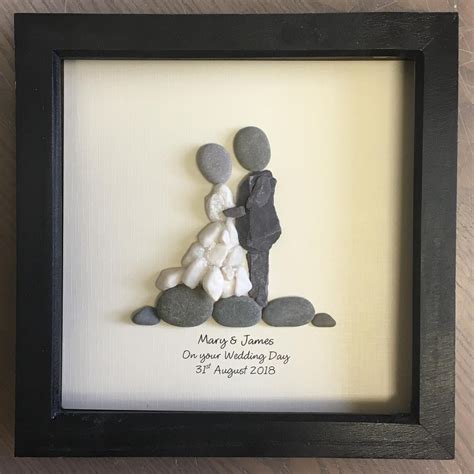 Wedding gift Pebble Art, Personalised unique Pebble picture, framed rustic home decor, stone ...