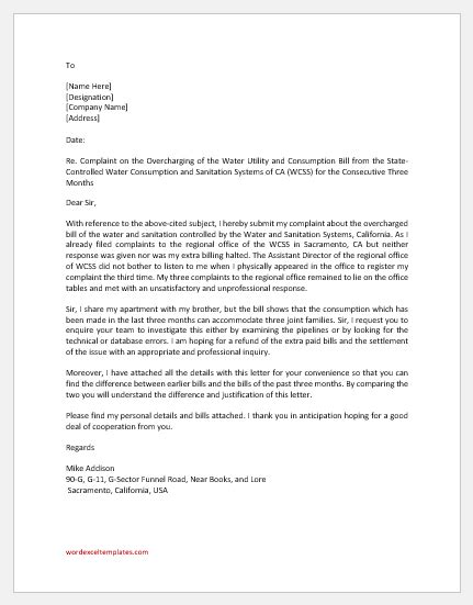 Complaint Letter For Overcharged Water Bill Word And Excel Templates