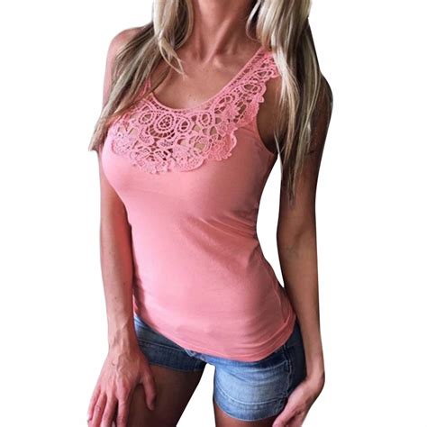 buy causal women t shirts o neck lace patchwork t shirt sleeveless sexy