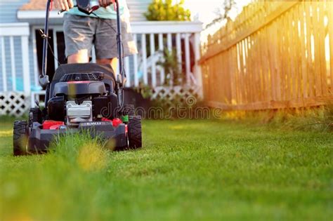 Mowing The Grass With A Lawn Mower In Sunny Summer Gardener Cuts The