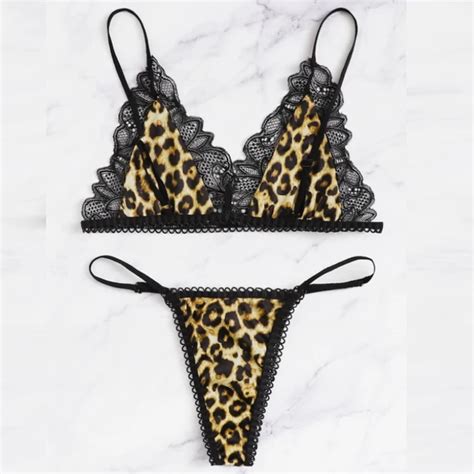 New Women Sexy Lingerie Leopard Print Lace Unpadded Brag String Thong Panties Lingerie Set