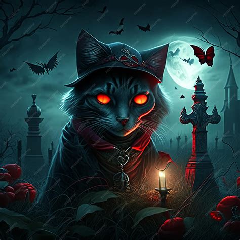 Premium Ai Image Halloween Scary Cat Sitting On Graveyard At Horror