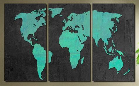 Turquoise World Map Canvas Print Art 3 Panel Split Etsy Map Canvas