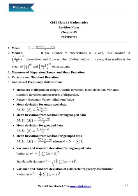 Class 11th Math Statictics Formulas Cbse 2023