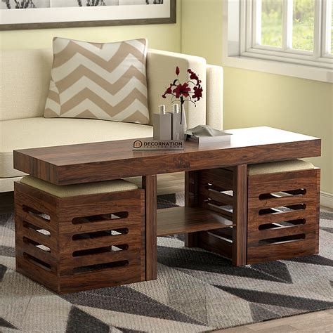 Ely Solid Wooden Coffee Table With 2 Stools With Storage Natural