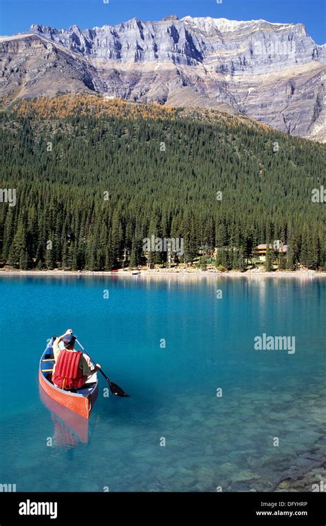 Canoe In Lake Louise Banff National Park Alberta Canada Stock Photo
