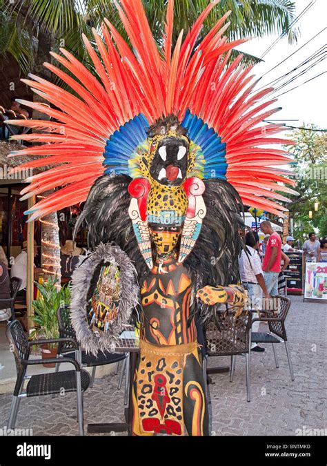 Man Poses As Ceremonial Mayan In Costume On Tourist Strip Along Fifth