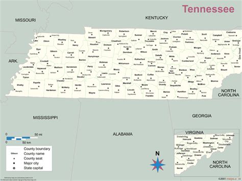 Tennessee State Map With Counties And Cities