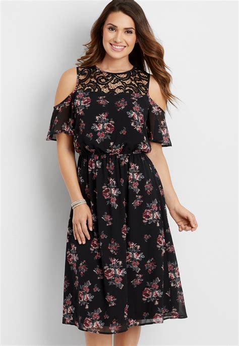 Floral Print Chiffon Midi Dress With Lace And Cold Shoulders Maurices
