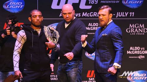 Conor mcgregor defeats josé aldo via ko/tko at 0:13 of round 1. UFC 189 World Tour: Jose Aldo vs. Conor McGregor Staredown ...