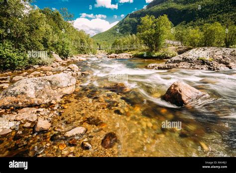 Norway Nature River Sunny Summer Day Landscape With Mountain Pure