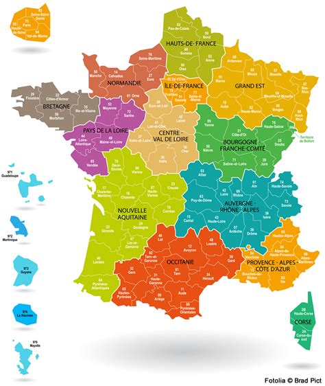 Carte De France Avec Ses 13 Régions Et Ses Départements En Couleur