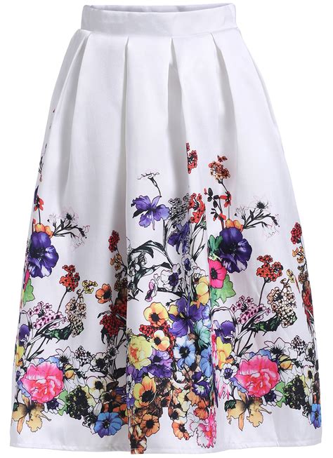 White Floral Flare Midi Skirt Sheinsheinside