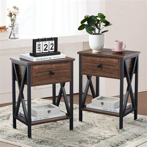 Vecelo Set Of 2 Nightstand End Side Table With Storage Drawer And Shelf