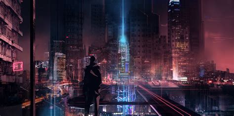 Futuristic Cyber Silhouette Futuristic City Glowing Skyscraper