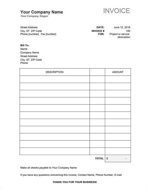 Printable Downloadable Simple Invoice Template Printable Free Templates