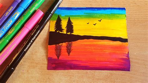 Easiest Sunset Landscape With Brush Pen Colorful Scenery For