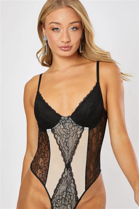 Mesh Panel Detail Lace Bodysuit In The Style
