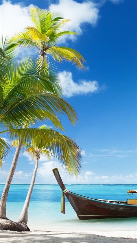 Wallpaper Palm Trees Boat Tropical Sea Beach Sand Clouds 1920x1200