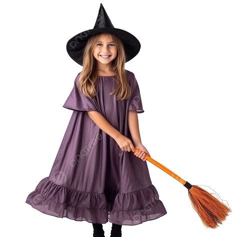 Little Girl Holds Broom On Halloween Holiday Kid Girl Wear Witch
