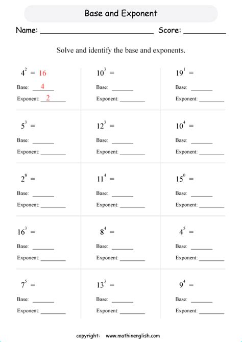 Exponents Grade 6 Worksheet
