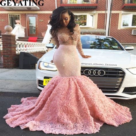Glitter Sequin Black Girl Mermaid Pink Prom Dresses Long Sleeves