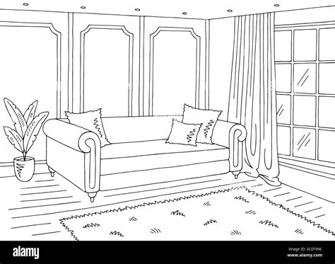 Living Room Graphic Black White Home Classic Interior Sketch