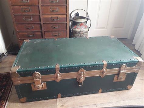 Wonderful Large Vintage Canvas Trunk In British Racing Green Check