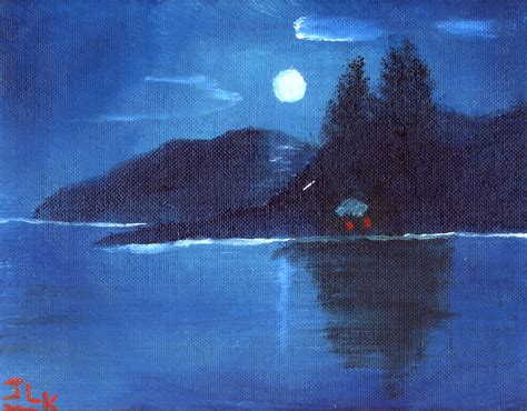 An Oil Painting Of The Moon Over A House On A Lake In The Night Sky Waf