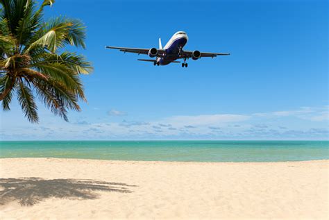 An Airplane Flying Close Over A Tropical Beach Stock Photo Download
