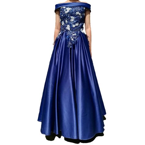 Pre Loved Navy Blue Off Shoulder Long Ball Gown W Petticoat For