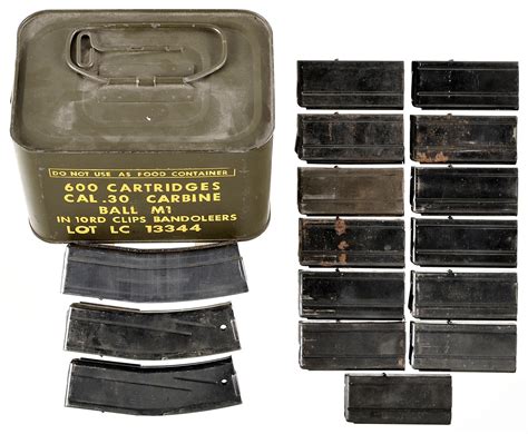 Can Of 30 Caliber M1 Carbine Ammunition And Sixteen Magazines