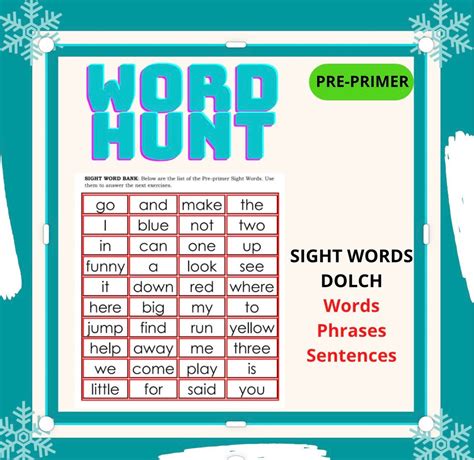 Word Hunt Sight Words Dolch Pre Primer Activity Worksheets Etsy